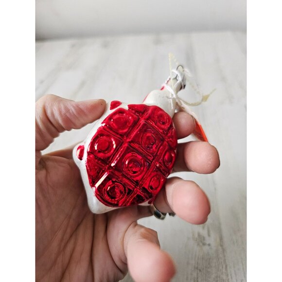 Vintage glass red turtle flocked ornament unique Poland Xmas tree - Picture 7 of 8